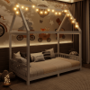 Wood Twin Size House Bed with Guardrail and LED, White