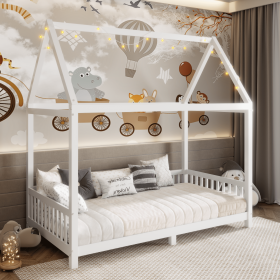 Wood Twin Size House Bed with Guardrail and LED, White