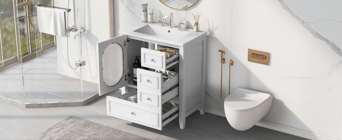 30" Bathroom Vanity with Sink, Bathroom Vanity Cabinet with Three Drawers and Door, Solid Wood and MDF, White