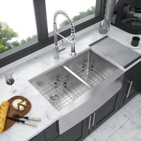 Double Bowl (50/50) Farmhouse Sink - 36"x21"x10" Stainless Steel Apron Front Kitchen Sink 16 Gauge with Two 10" Deep Basin