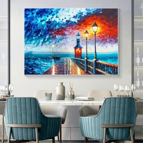 Hand Painted Oil Painting Abstract Coastal Landscape Oil Painting On Canvas Large Wall Art Original Lighthouse Painting Sailboat Painting Custom Paint (style: 01, size: 90x120cm)