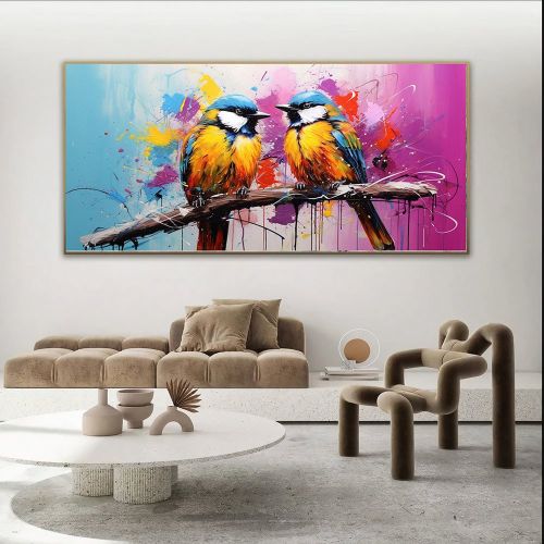 Hand Painted Oil Painting Large Canvas Two Birds On A Branch On Canvas Colorful Wall Art Pictures Animals Art  Posters Trendy Wall Art For Living Room