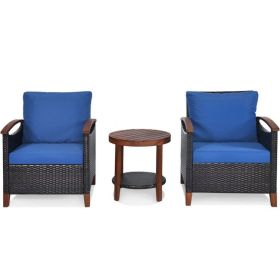 3 Pieces Patio Wicker Furniture Set with Washable Cushion and Acacia Wood Tabletop (Color: Blue)